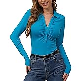 TAIPOVE Ribbed Knit Polo Women’s Collared V Neck Shirts for Women Ruched Button Down Fitted Tshirt Blouses Long Sleeve Top