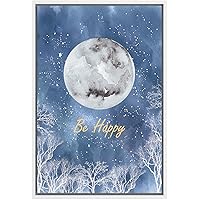 SIGNWIN Framed Canvas Wall Art Sparkle Gold Be Happy with White, Blue Moon Astronomy & Space Cosmic Watercolor Abstract Modern Scenic Relax/Calm for Living Room, Bedroom, Office - 16