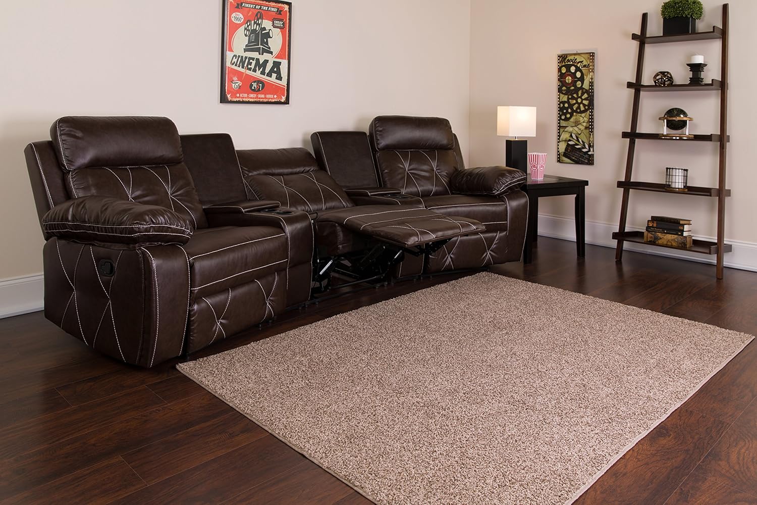 Flash Furniture Reel Comfort Series 3-Seat Reclining Brown LeatherSoft Theater Seating Unit with Curved Cup Holders: Furniture & Decor