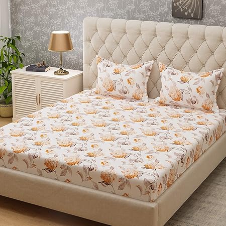 Bombay Dyeing Cynthia 120 TC Polycotton Double Bedsheet with 2 Pillow Covers - Orange