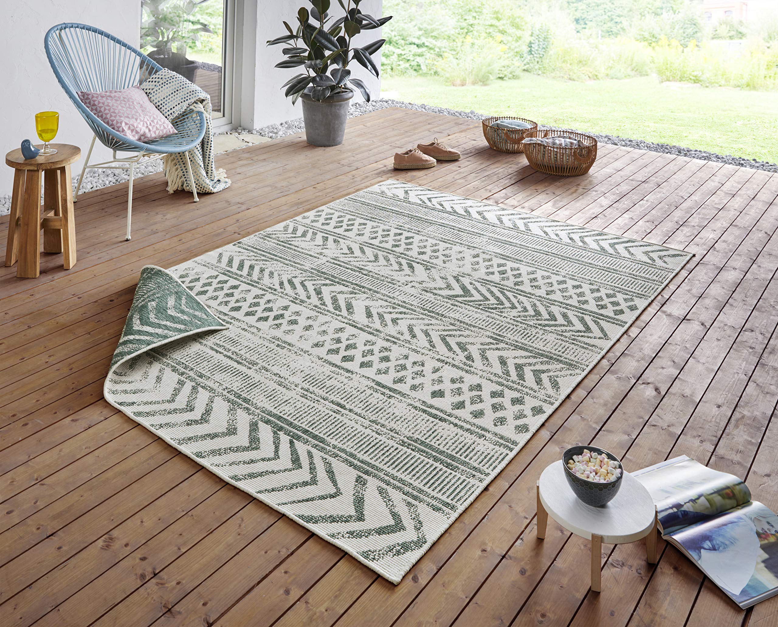NORTHRUGS Biri Indoor and Outdoor Rug 80 x 150 cm Reversible Rug Weatherproof Boho Style Vintage Design Runner for Balcony Patio Garden Conservatory Living Room Waterproof in Green Cream