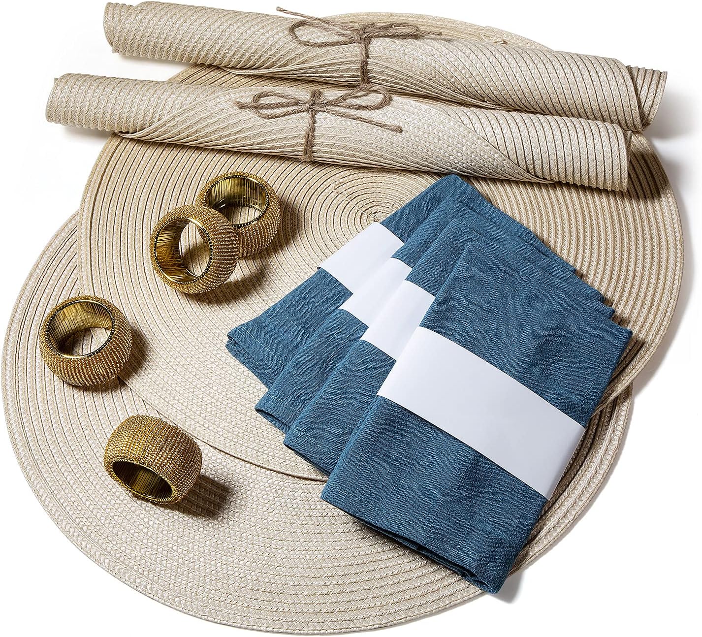 Scotch 'n Tea Placemats Set of 4 with Cloth Napkin and Napkin Rings for Dining Table - Round Placemats, Linen Napkins, Table Mats, Place Mats, Heat Resistant, Washable, Table Decor, Woven Placemats
