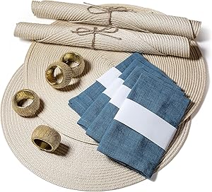 Scotch 'n Tea Placemats Set of 4 with Cloth Napkin and Napkin Rings for Dining Table - Round Placemats, Linen Napkins, Table Mats, Place Mats, Heat Resistant, Washable, Table Decor, Woven Placemats