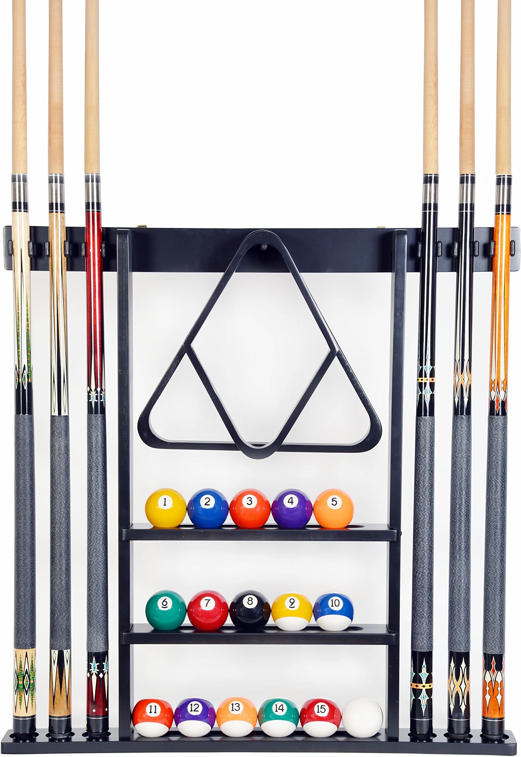 Cue Rack Only- 6 Pool Billiard Stick + Ball Set Wall Rack Holder Made of 100% Wood Choose Mahogany, Dark oak or Black Finish