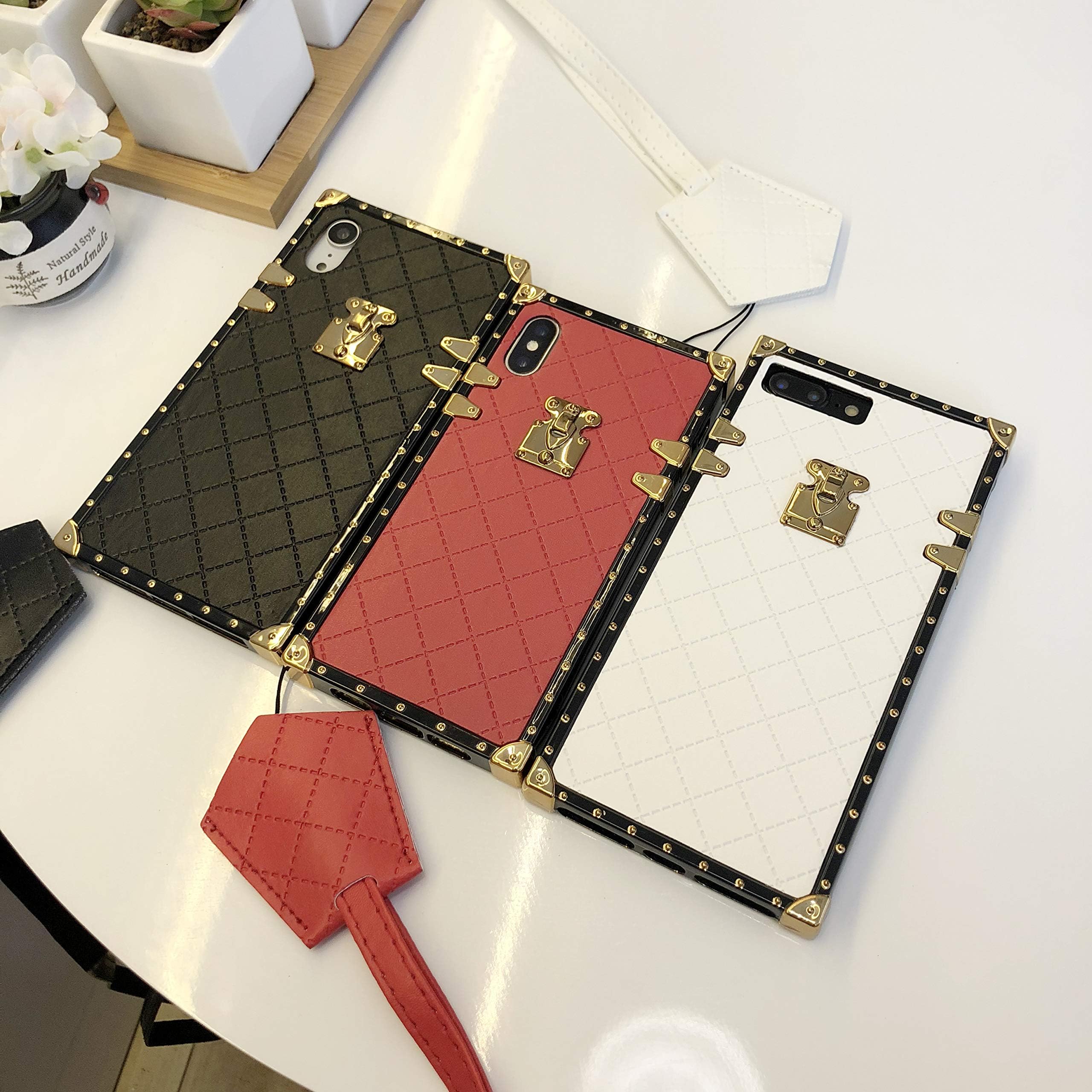 Fashion TPU Leather Square Trunk Case for iPhone 6/6 Plus/iPhone 7/7 Plus/iPhone 8/8 Plus/iPhone X/Xs/XR/Xs Max Flexible Cover Shockproof Protection Case (Black, iPhone XR)
