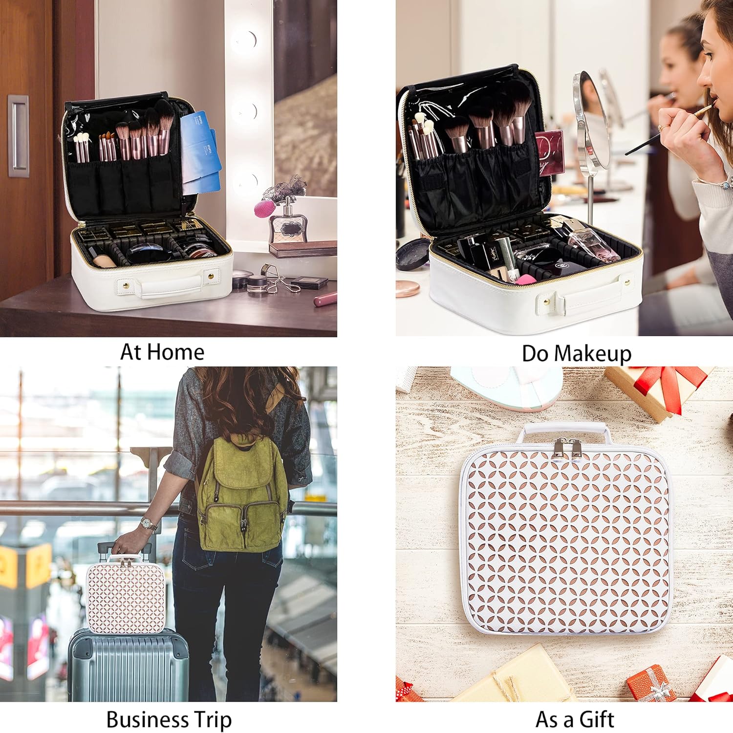 L'GLADKING Makeup Case Cosmetic Travel Bag Makeup Organizer Bag Travel Makeup Organizer for Women with Brush Holder and Adjustable Dividers for Makeup Brushes (white) : Beauty