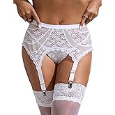 comeondear Womens Lace Garter Belts for Thigh Highs with 4 Wide Elastic Straps Adjustable Back Hook