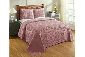 Better Trends Chenille Bedspreads Queen Size, Dusty Rose 100% Cotton Chenille Medallion Design Tufted Bedding Coverlet Soft Lightweight, 102"x110" with 2 Sham 3 Pieces Set Trevor Collection