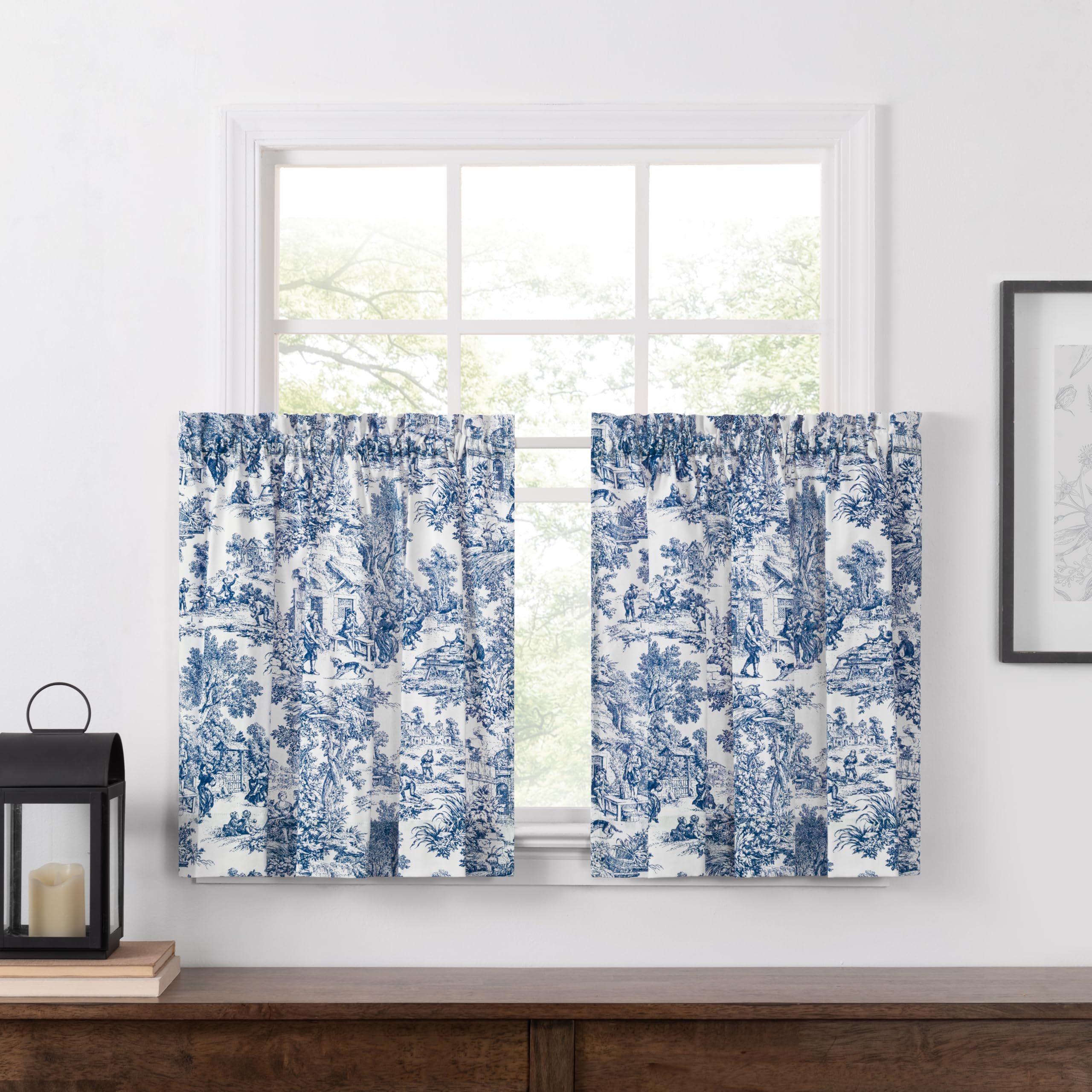 Ellis Curtain Victoria Park Toile 68-Inch-by-30 Inch Tailored Tier Curtains, Blue โ image 1
