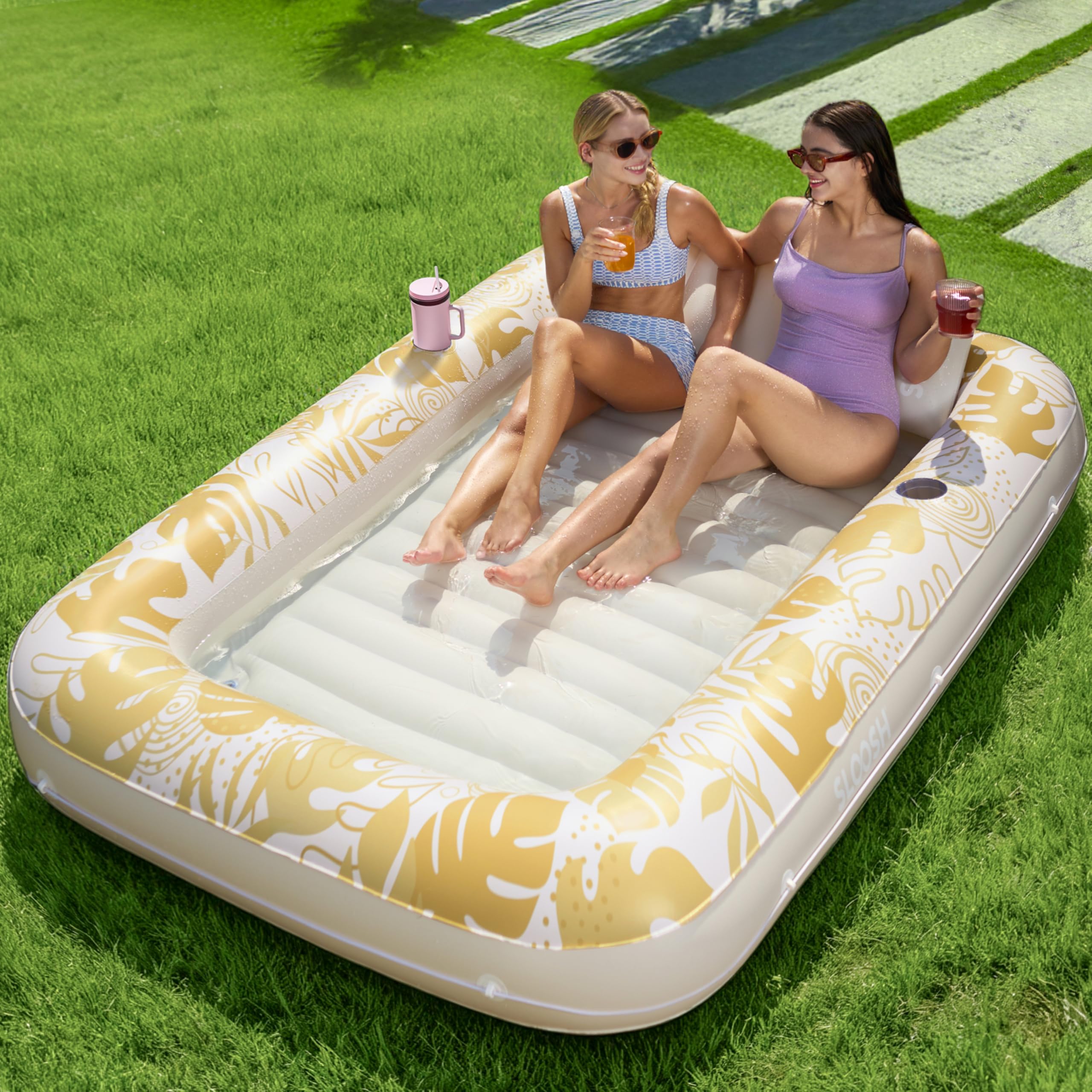 SLOOSH Inflatable Tanning Pool Lounger Float, 85" x 57" Extra Large Pool Floats Adult with Pillow, 4 in 1 Suntan Tub Raft Floatie,Sunbathing Bed Lounge for Water Blow Up Party Gifts, XL-Gold White