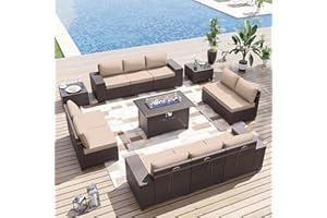 ALAULM 13 Pieces Patio Furniture Set with Propane Fire Pit Table Patio Sectional Sofa 43" Gas Fire Pit Brown PE Rattan Patio Conversation Set w/10 Seat Cushions-Sand