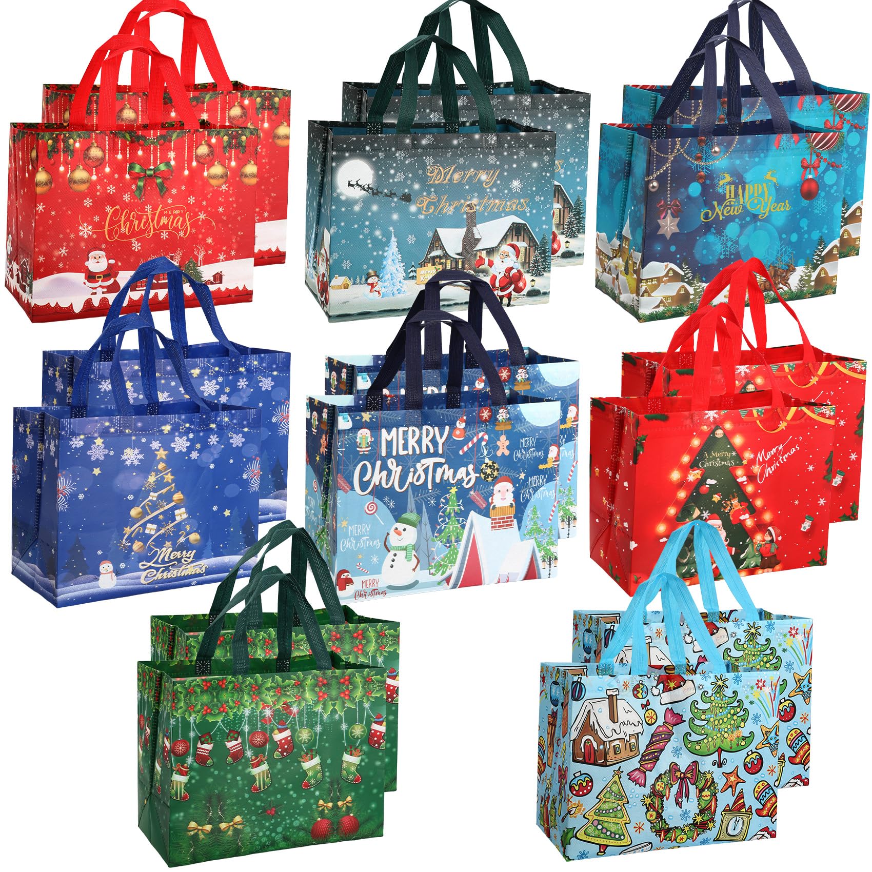 View 1 of 16 PCS Christmas Gift Bags, Christmas Bags for Gifts, Large Reusable Gift Bags with Handles, Non-Woven Tote Bag Goody Bag for Xmas Gifts Wrapping Shopping Holiday Party Supplies, 12.8'' x 9.8''x 6.7''