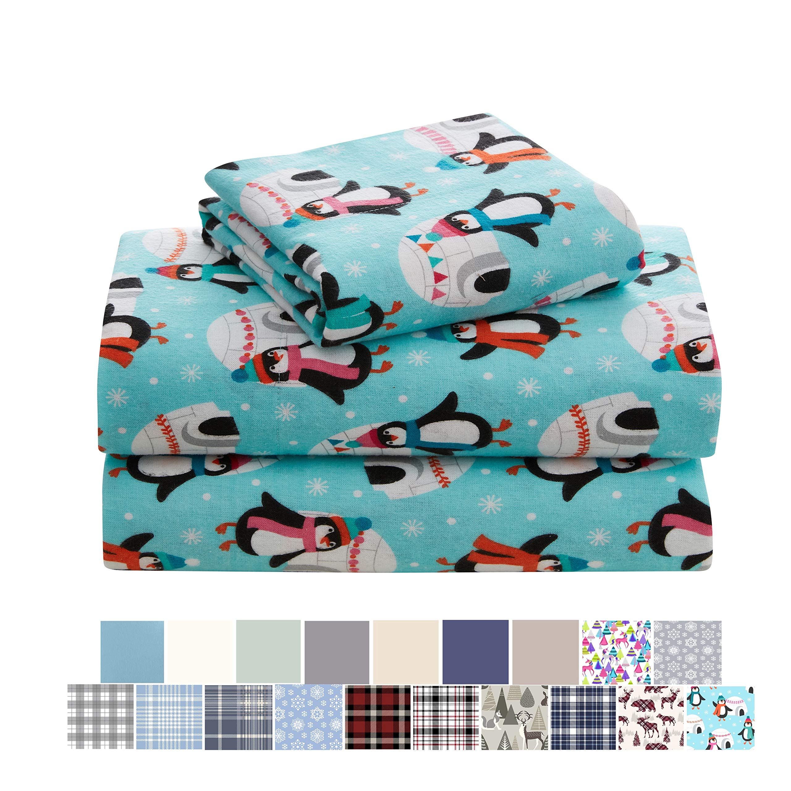 Morgan HomeCotton Turkish Flannel Sheets Fashions - 100% Brushed Cotton for Supreme Comfort - Deep Pockets - Warm and Cozy, Great for All Seasons (King, Penguin Igloos)