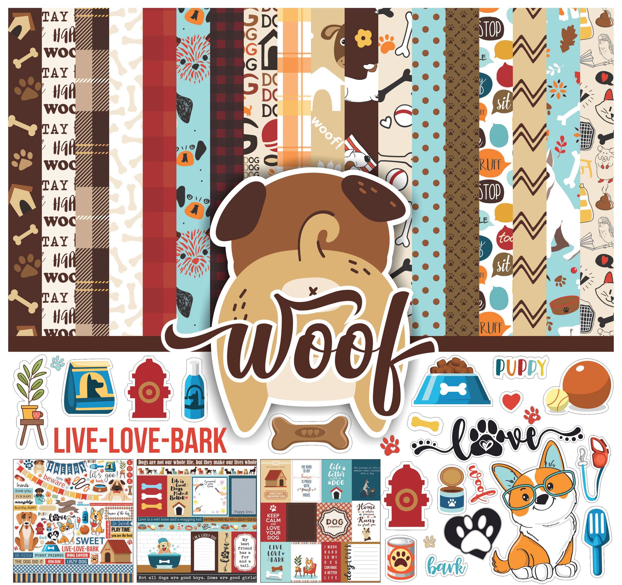 Inkdotpot Pet Dog Theme Collection Double,Sided Scrapbook Paper Kit Cardstock 12"x12" Card Making Paper Pack of with Sticker Sheet - 16 Pages - Multicolor