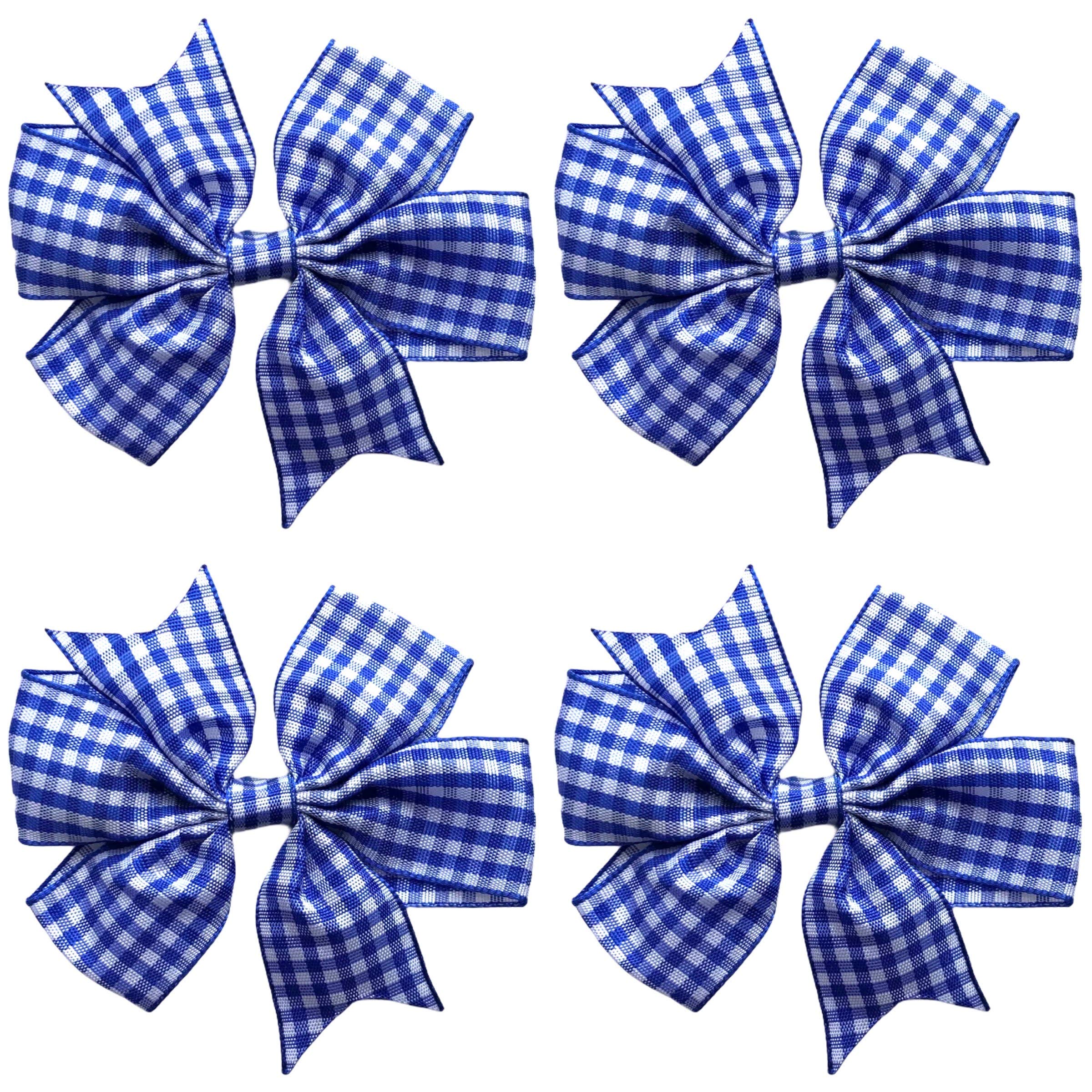 Royal Blue School Gingham Cross Hatch Hair Bows Clips Slides Grips 3" inch Solid Vibrant Colours Hairbows - 4 Pack