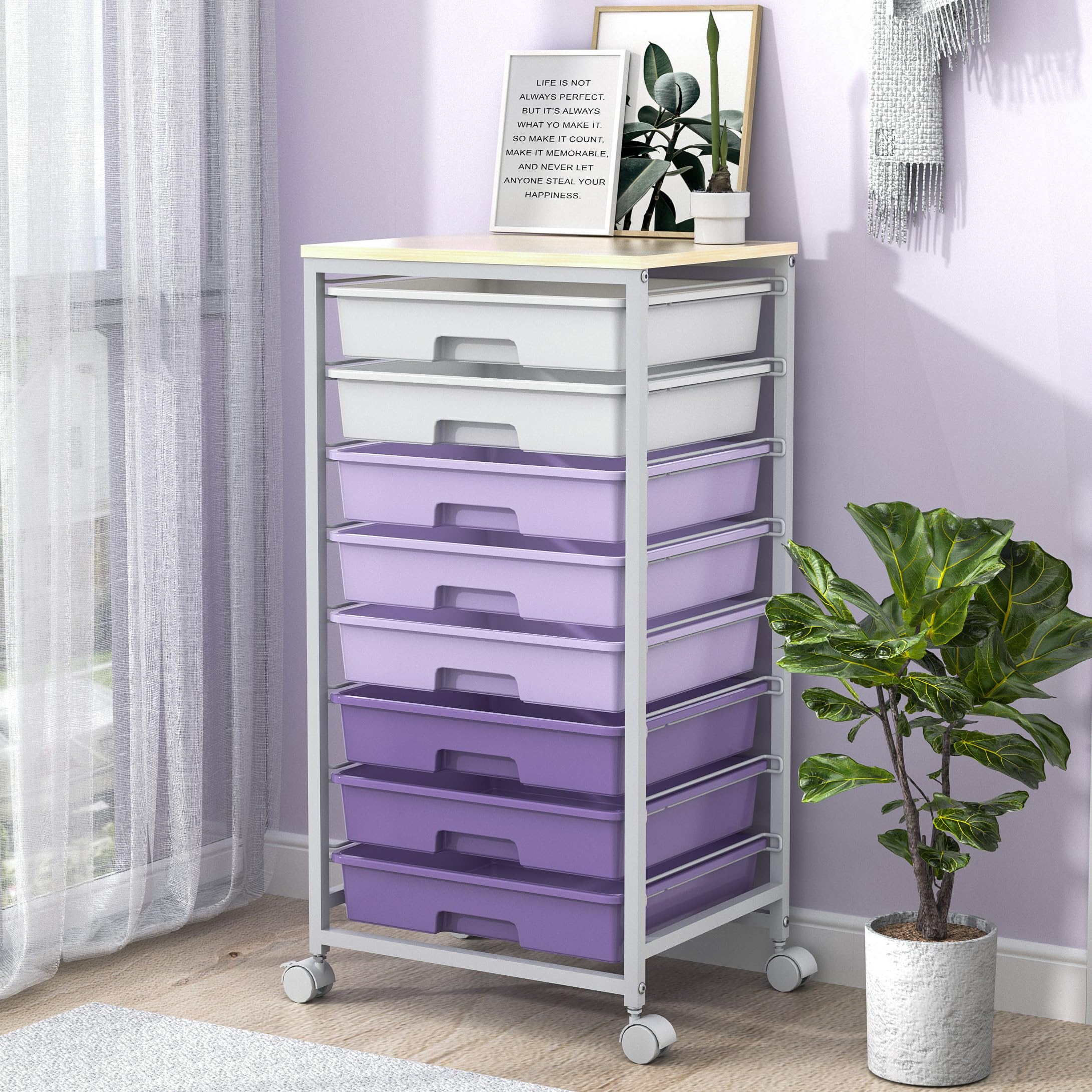 Photo 1 of **NOT IN ORIGINAL PACKAGE/NO INSTRUCTIONS**SYKIARIOL Rolling Cart with Drawers,Utility Cart With 8 Drawers and Wooden Tabletop for Living Room,Classroom,Bedroom,Bathroom,Dorm,Office,Purple