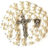 elegantmedical HANDMADE AAA 8-9MM Real Pearl NATURAL Pearls Rose Beads Rosary Crucifix Jesus Cross Catholic Necklace Box