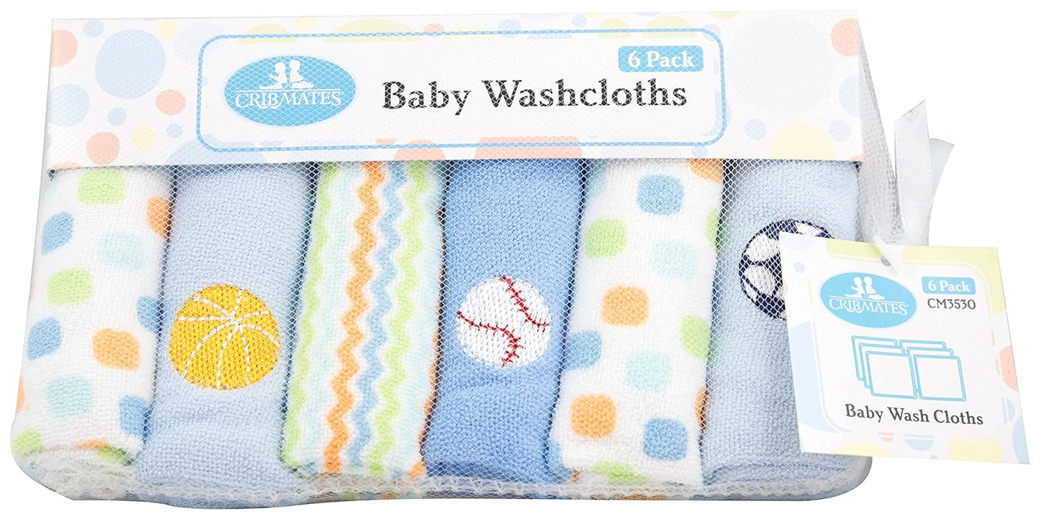 CribMates Baby Washcloths, 1Pack (6 Wash Cloths), Blue Baby
