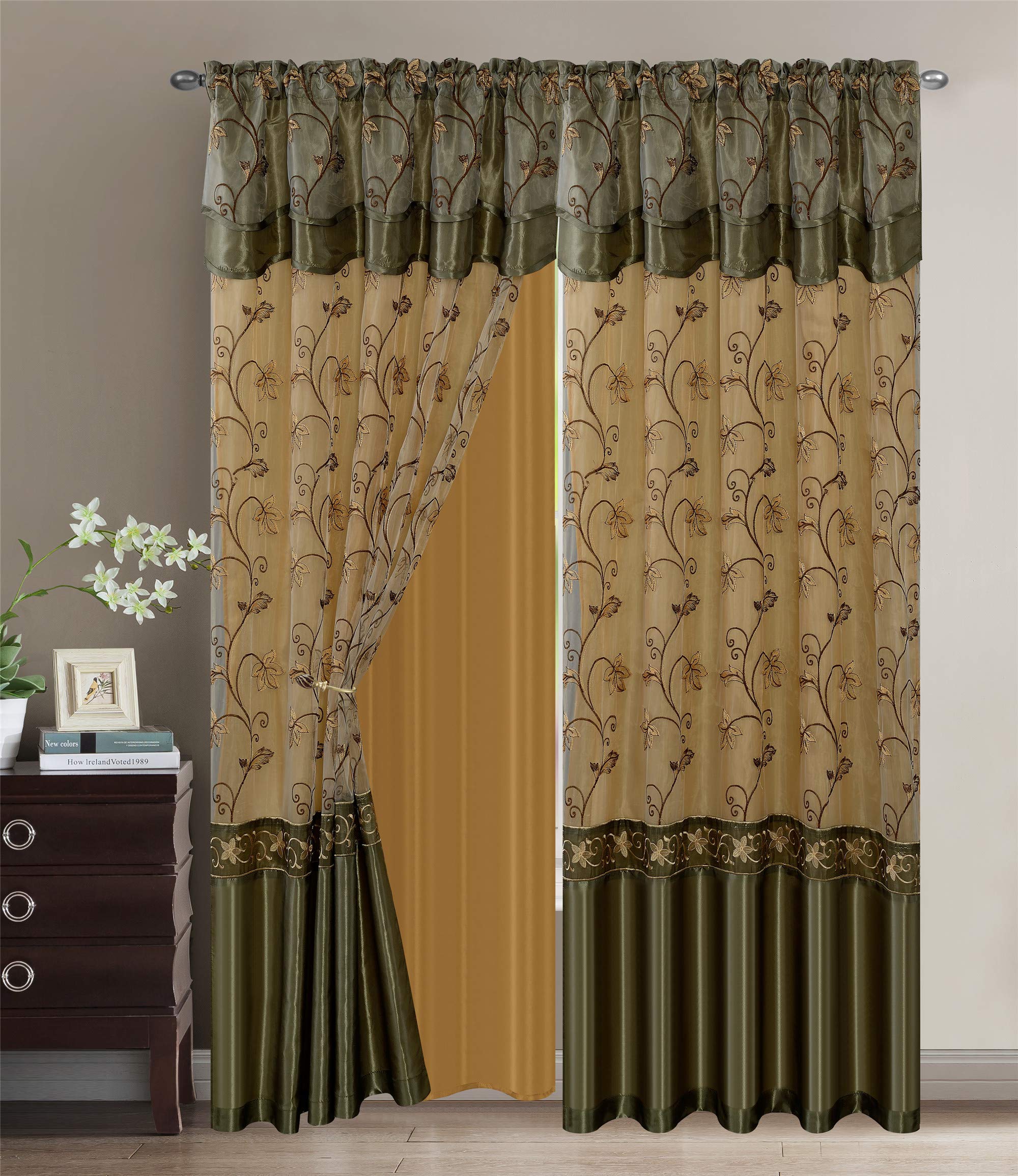 Fancy Collection Embroidery Curtain Set 2 Panel Drapes with Backing & Valance (Sage Green, 110"x 84")