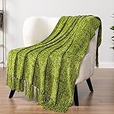 PAVILIA Olive Green Chenille Throw Blanket for Couch Sofa, Soft Olive Knit Throw with Tassel, Decorative Blanket for Bed Chair Living Room, Olive Green 50x60