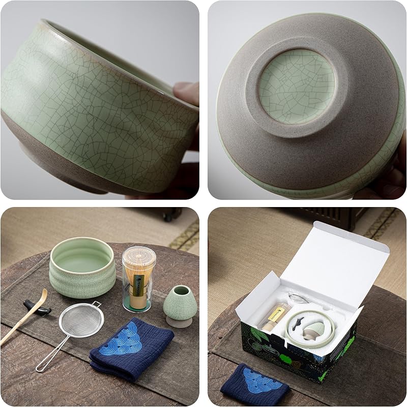 Matcha Set, 7-teilig mit Keramikschale & Bambusbesen, Hellgrün