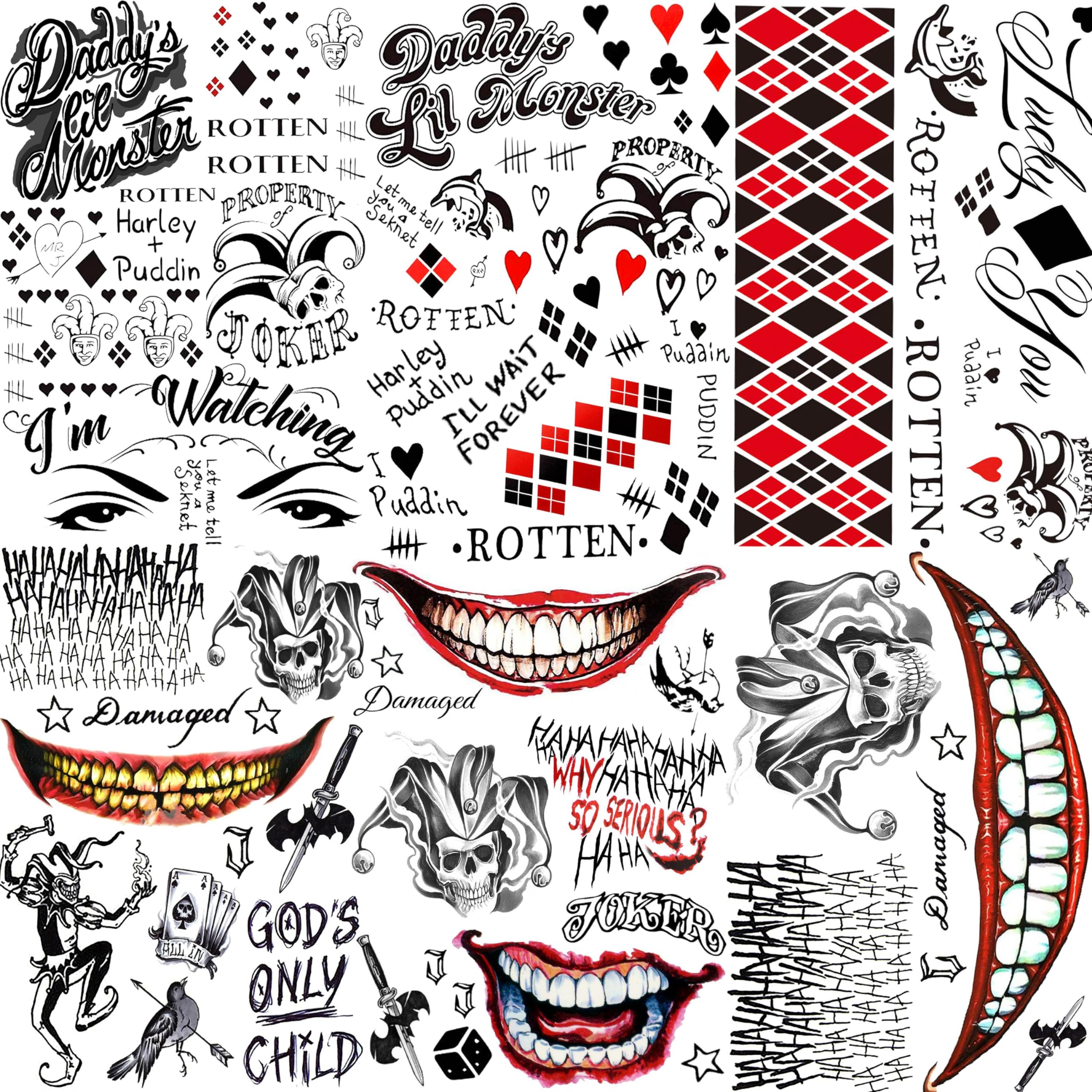 COKTAK 6 Sheets Joker Tattoos Halloween Makeup Kit Cosplay Costume, Clown HQ Joker Face Tattoos Stickers, Fake Joker Hand Temporary Tattoos Halloween Costume Decals, Bulk Prisoner Gothic Tattoos Set