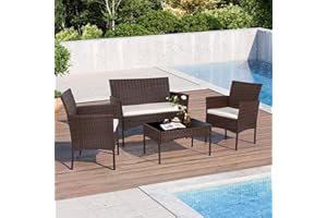 Shintenchi 4 Piece Outdoor Patio Furniture Set, Wicker Rattan Patio Conversation Set, Outdoor Chairs and Loveseat with Coffee Table for Porch, Yard & Poolside (Brown)