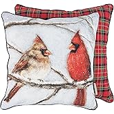 Primitives by Kathy Decorative Pillow, Cardinal Couple in Winter Snowy Tree/replicated from Original Artwork/Christmas Plaid 