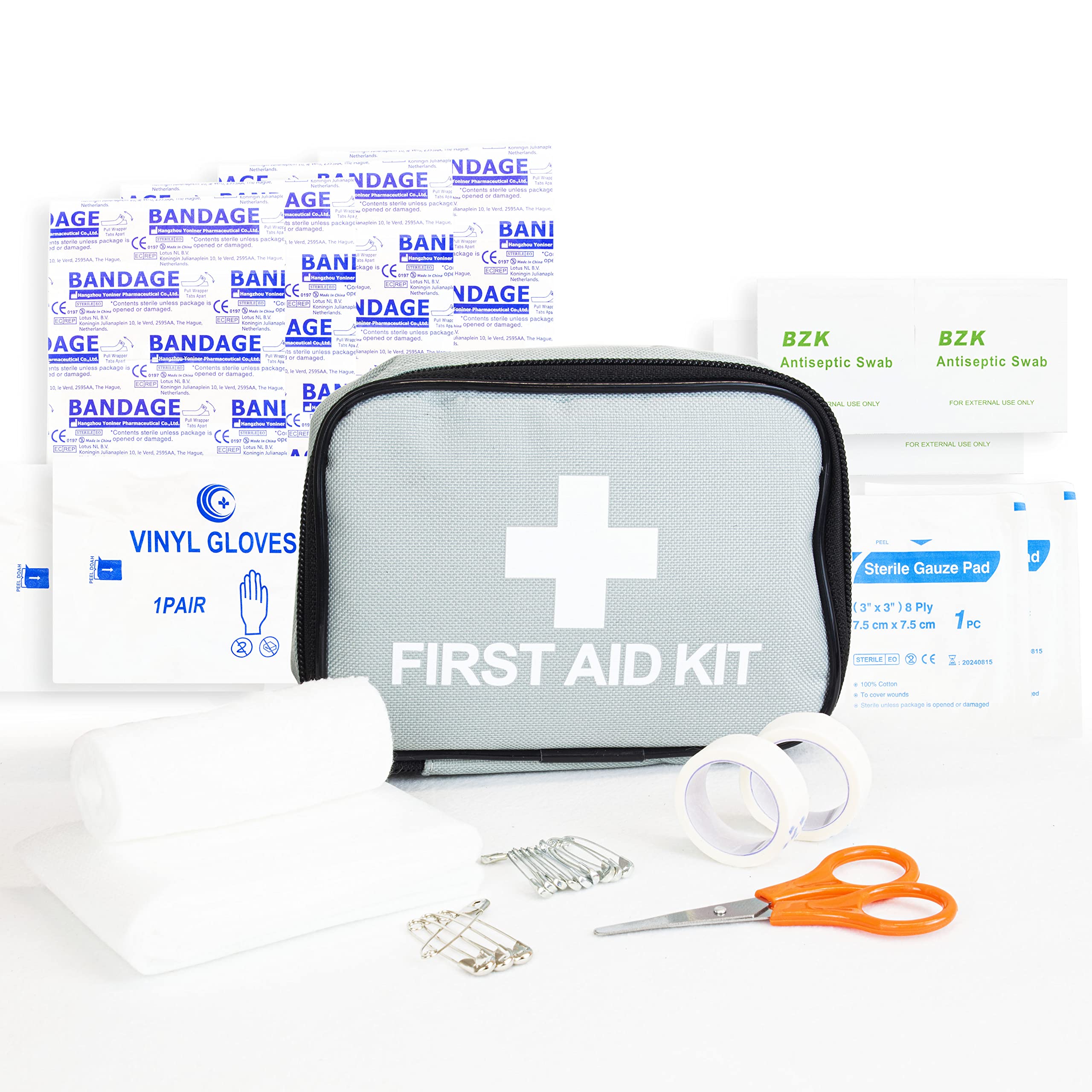 First Aid Kit, Grey, Compact First Aid Kit Bag, Bandages, Dressing Pads Plasters, Emergency & Medical Supplies for Travel, Camping, Travel Kits, Cars