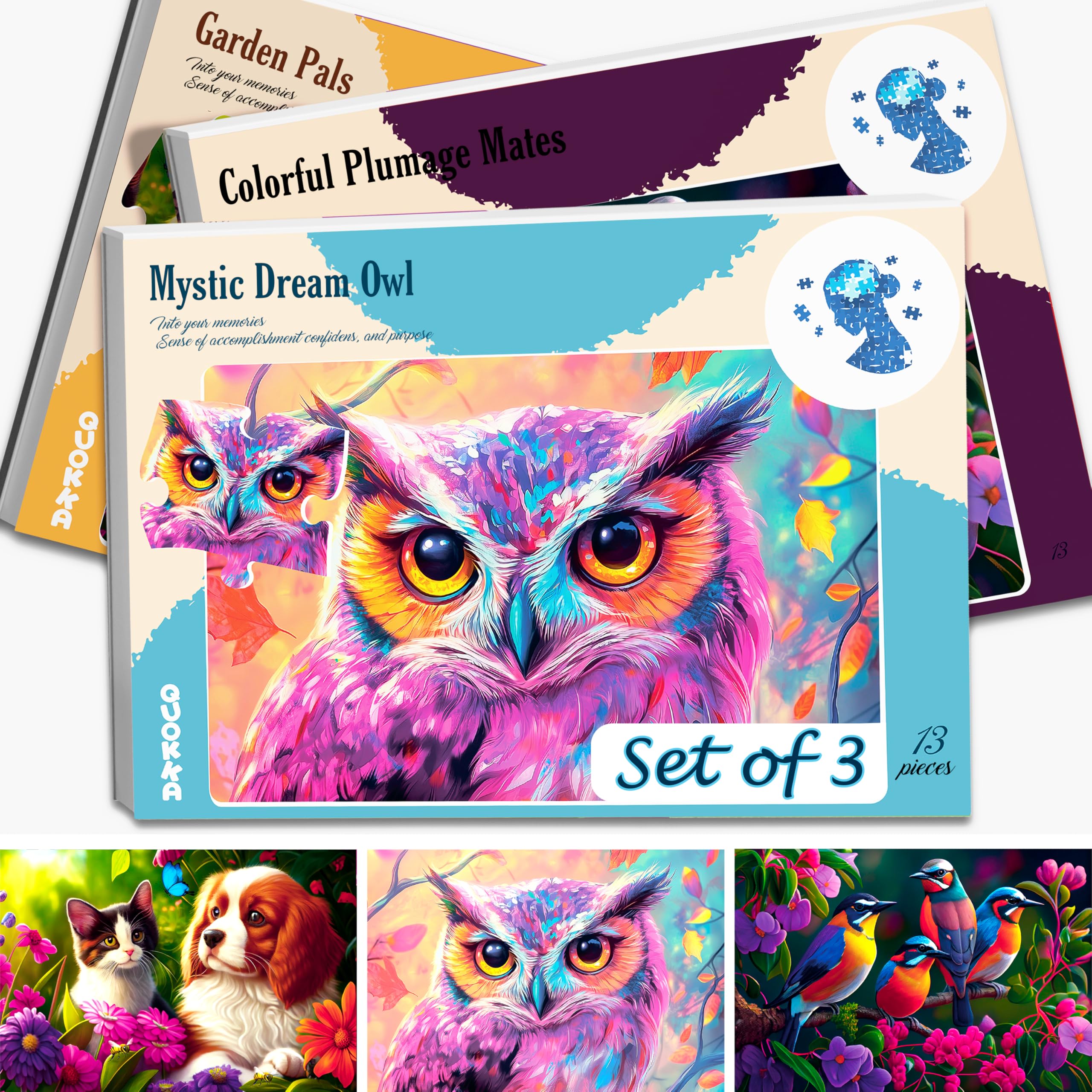 QUOKKA 13 Piece Dementia Puzzles for Elderly - Large Piece Activities Products for Seniors - 3 Alzheimers Jigsaw Puzzle Games for Adults Cat Dog and Birds - Cognitive Gifts Toys for Men and Women