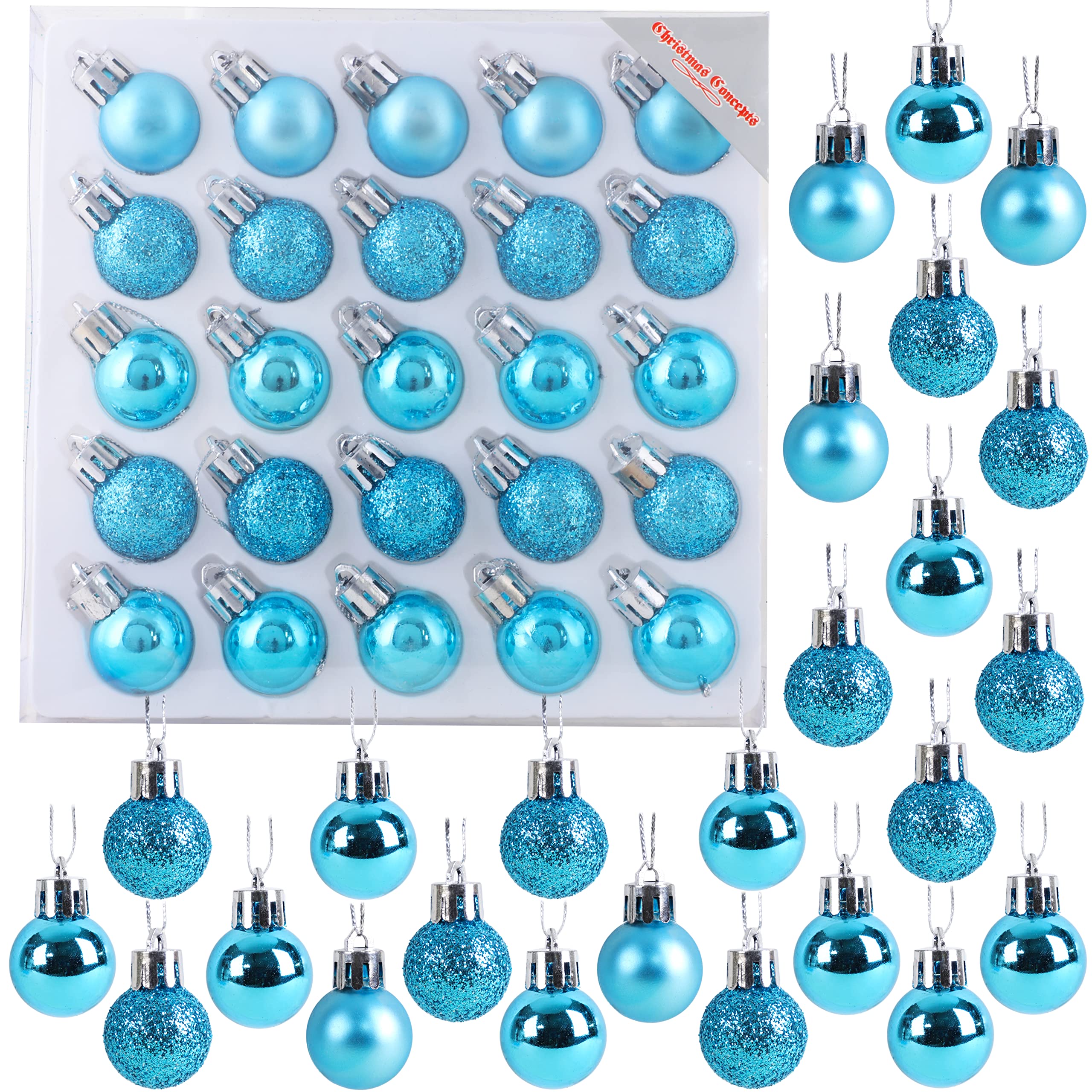 Christmas Concepts® Pack of 25-25mm (1") Mini Christmas Tree Baubles - Shiny, Matte & Glitter Decorated Baubles (Turquoise)