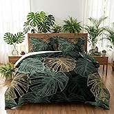 WeCozy Full Size Comforter Set with 2 Pillowcases, Green Tropical Leaves 3 Pcs Bedding for Kids and Adults, Monstera Palm Leaf Soft Comforter Set for Bedroom Bed Decor
