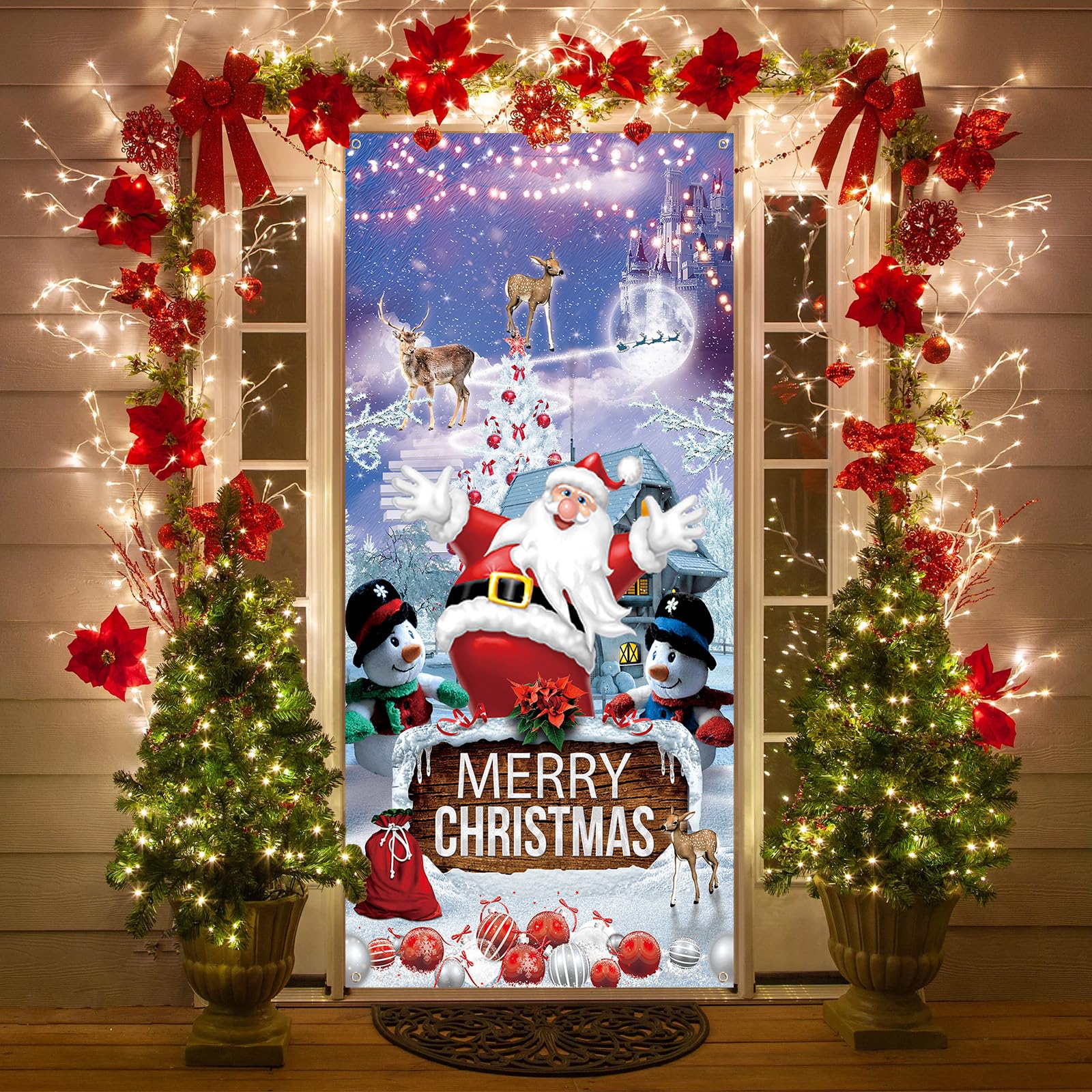 Christmas Door Cover Decorations, Purple Merry Christmas Covers Banner for Front Door, Large Fabric Xmas Santa Door Backdrop Sign for Outdoor Indoor New Year Holiday Yard Garden Party Decor, 90x185cm