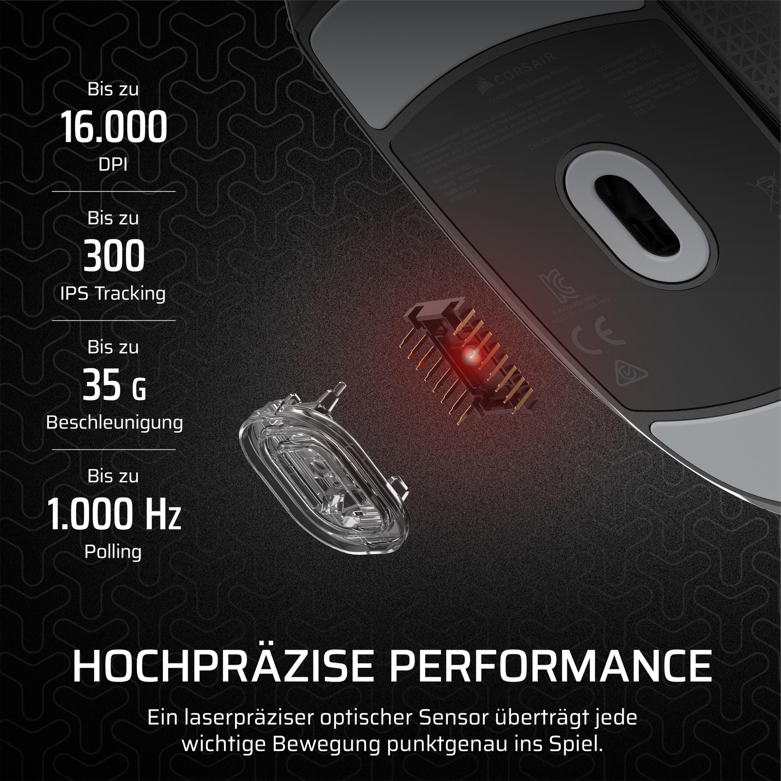 Corsair M55 Leichte FPS-Gaming-Maus mit Kabel – 16.000 DPI – Sechs Programmierbare Schaltflächen – Texturierte Seitengriffe – Schwarz 5