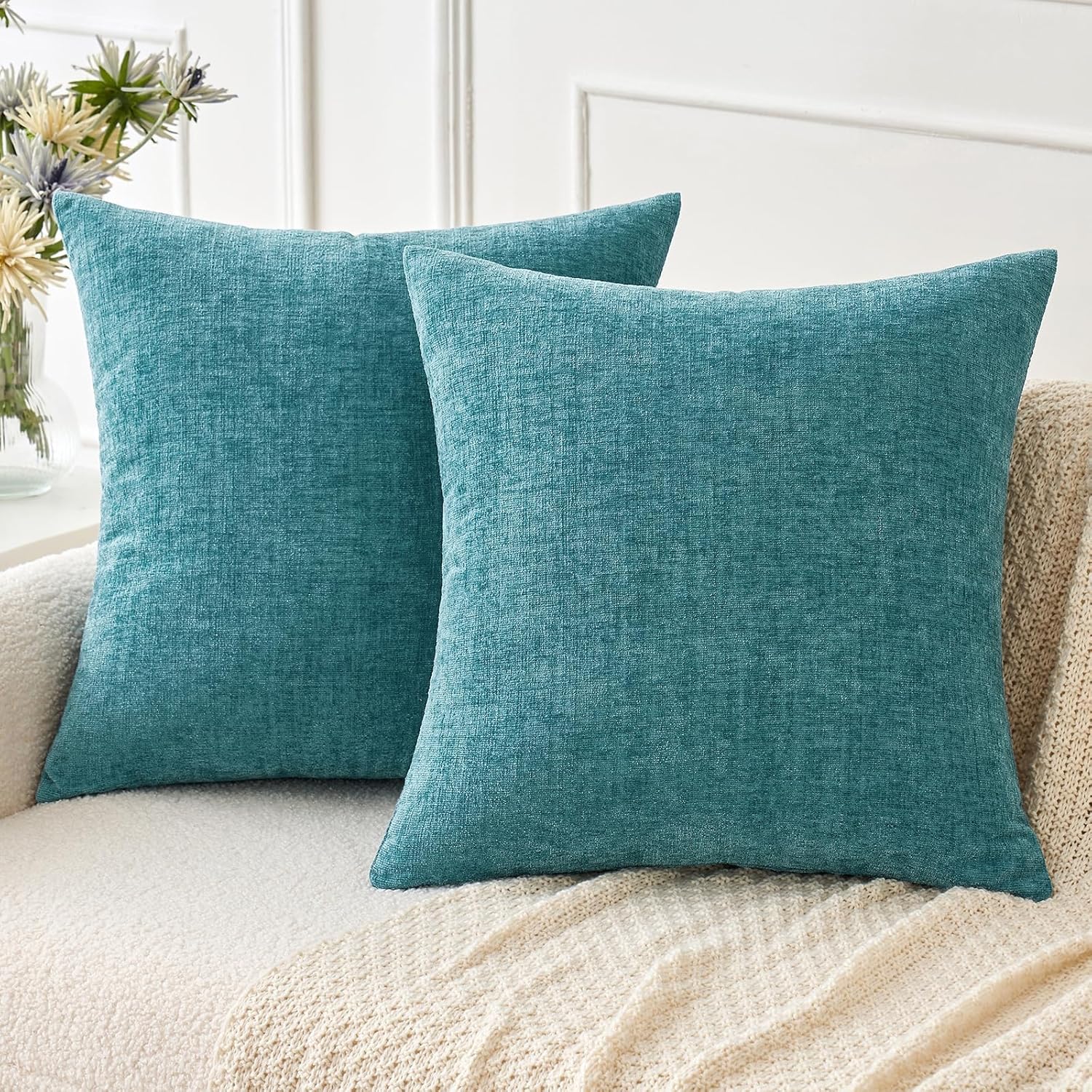 Decorative Pillows, Inserts & Covers - MIULEE Pack of 2 Couch Throw Pillow Covers 18x18 Inch Soft Teal Chenille Pillow Covers for Sofa Living Room Solid Dyed Pillow Cases