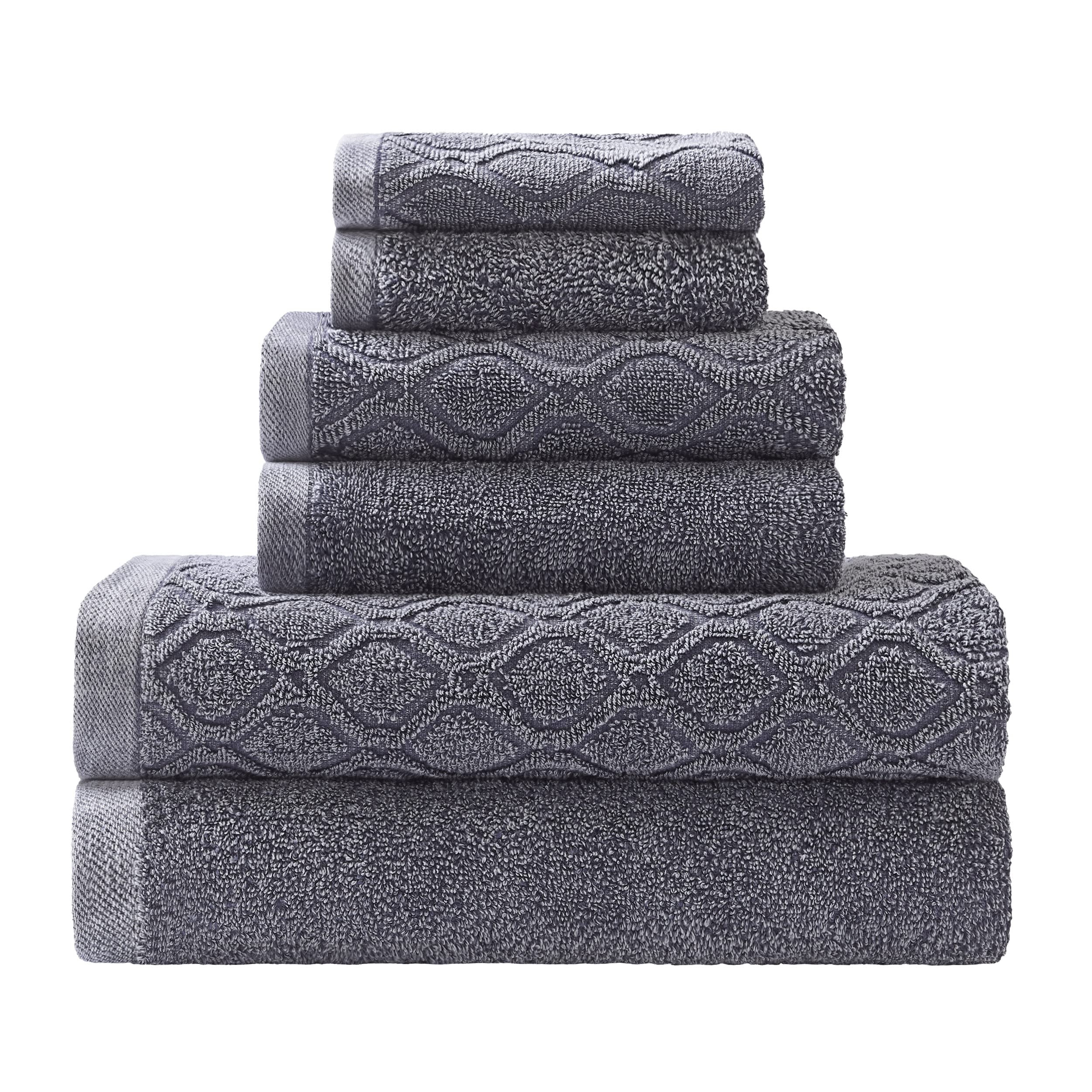Superior Denim Wash 100% Cotton 550 GSM 6 Piece Bath Towel Set, 2 Face, 2 Hand, 2 Bath Towels, Ideal for Bathroom, Kitchen or Beach, Quick Dry, Jacquard & Solid, Mid-Weight, Navy Blue
