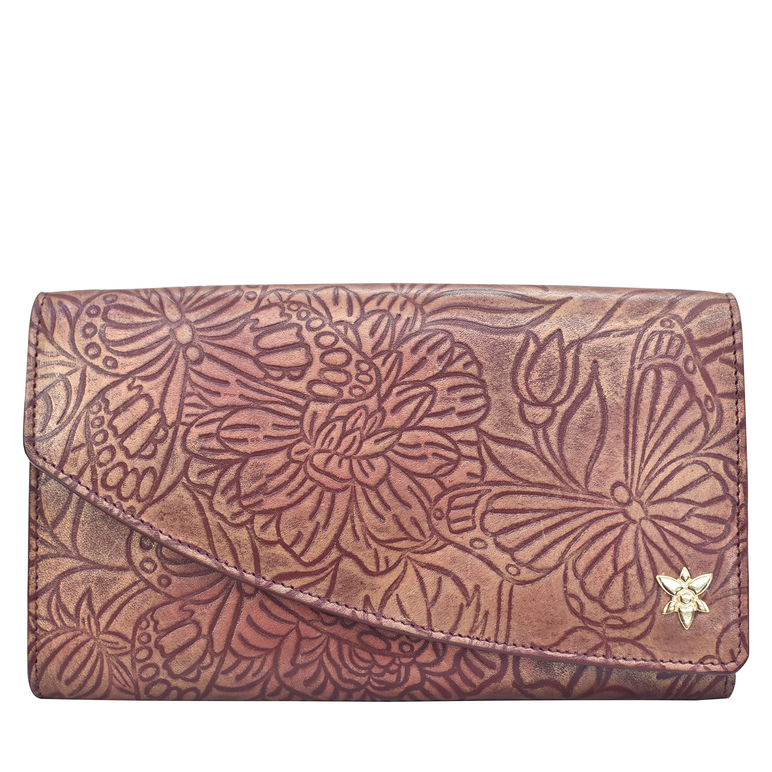 Anuschka Women’s Hand Painted Genuine Leather Accordion Flap Wallet - Tooled Butterfly Wine