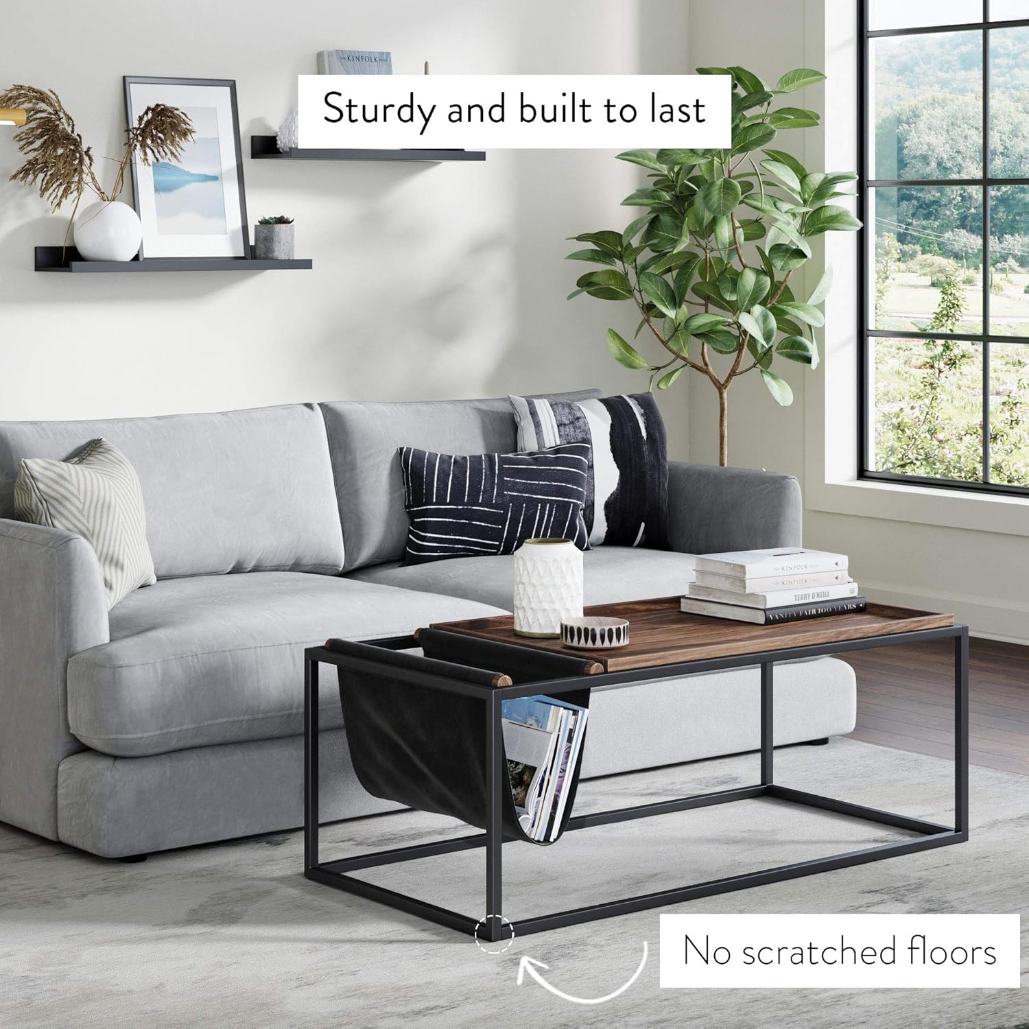 Nathan James Felix Modern Coffee Table with Wood Tray Top Vegan Leather Storage and Industrial Matte Steel Rectangle Metal Frame, Nutmeg/Black: Kitchen & Dining