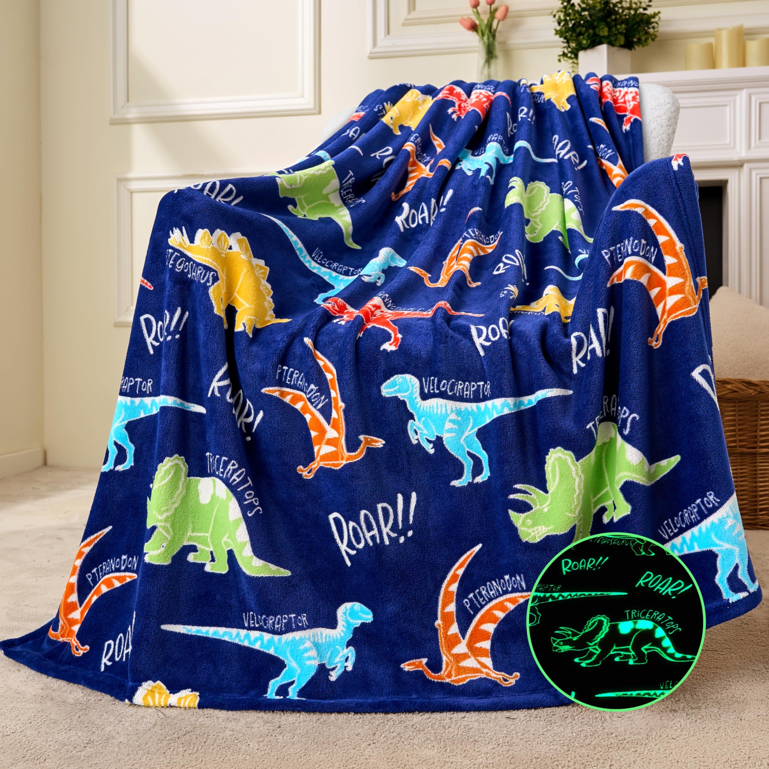 Photo 1 of Joiedomi Glow in The Dark Blanket - Dinosaur Gift for Girls Boys Age 2 3 4 5 6 7 8 9 10 11 12 Year Old - Soft Cozy Flannel Kids Throw Blanket, Birthday Bedroom Decor 50"×60"