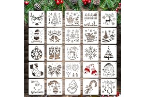 BUASZAY 25 Pcs Christmas Stencils Reusable, 6x6 inch Christmas Stencils for Painting on Wood, Plastic Drawing Spraying Templates for Greeting Cards, Xmas Crafts Ornaments Wall Window Door DIY Decoration