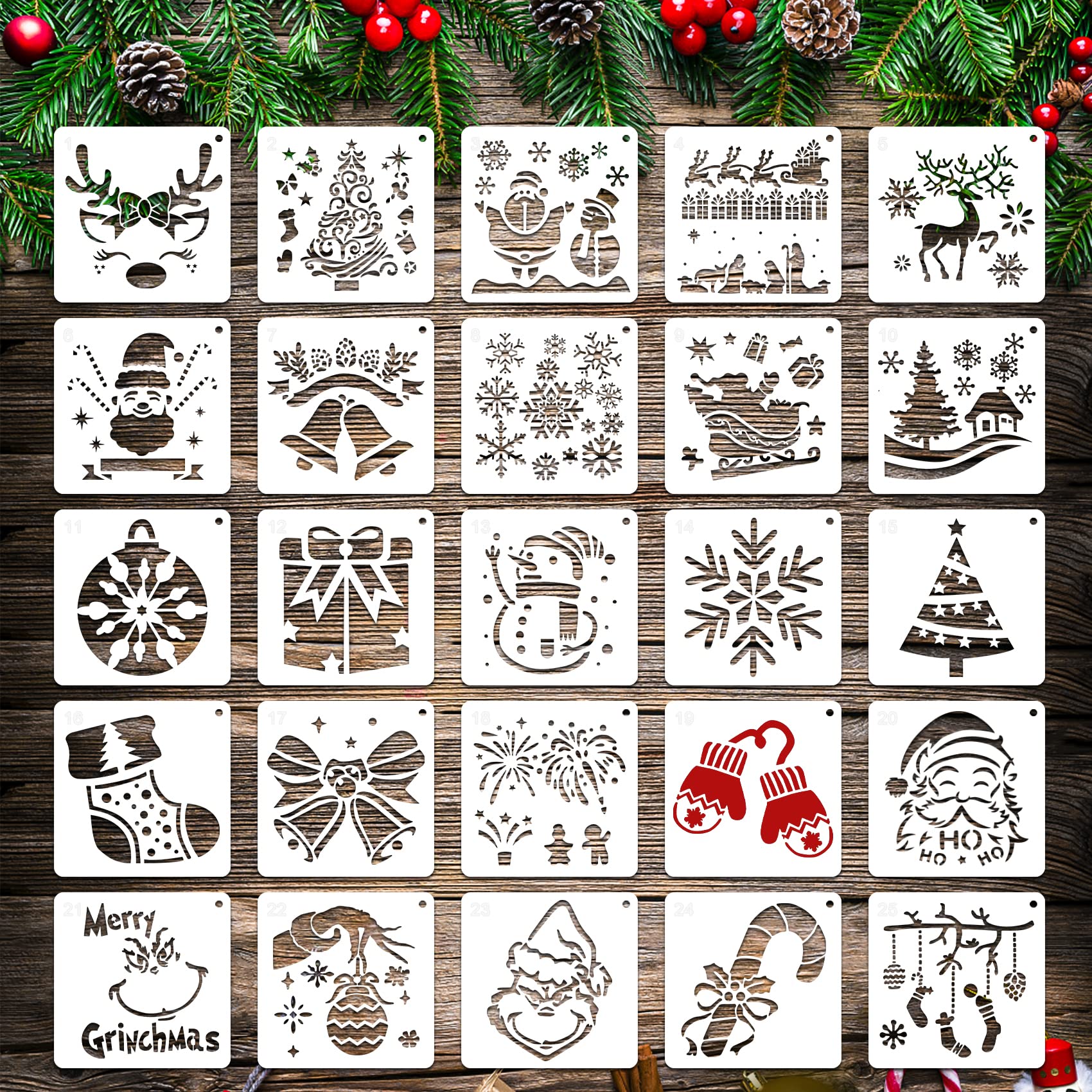 Photo 1 of 25 Pcs Christmas Stencils Reusable, 6x6 inch Christmas Stencils for Painting on Wood, Plastic Drawing Spraying Templates for Greeting Cards, Xmas Crafts Ornaments Wall Window Door DIY Decoration