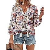 Vivilli Womens Boho Tops Casual V Neck 3/4 Sleeve Blouses Floral Print Shirt Tie Front Flowy Vacation Clothes