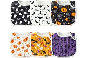 Zainpe 6Pcs Snap Muslin Cotton Baby Bibs Halloween Ghosts Pumpkin Bat Pattern Infants Drooling Bib Soft Absorbent Adjustable 
