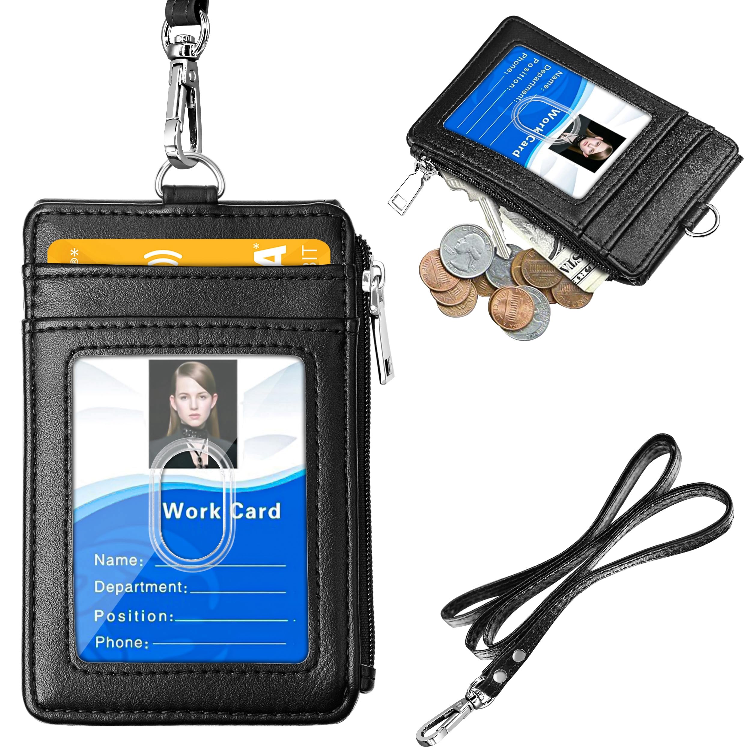 Handmade Black Genuine Leather ID Badge Lanyard Wallet With Zip & Card Slots (Men's)