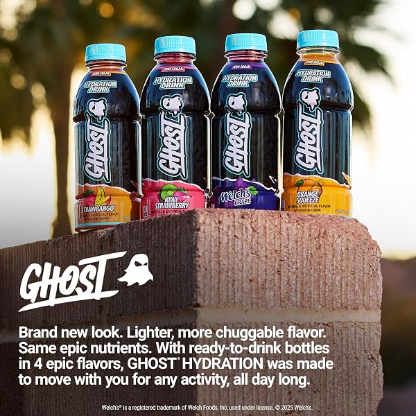 GHOST HYDRATION DRINK, STRAWBANGO – RTD SPORTS DRINK WITH ELECTROLYTES, NATURAL VITAMINS & MINERALS – ALL DAY LIFESTYLE HYDRATION BEVERAGE – ZERO CAFFEINE & ZERO SUGARS – 16.9 FL OZ, 12 PACK