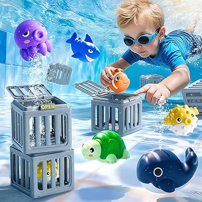 Funscape Kids Pool Diving Toys, Water Swimming Dive Pool Game, Toddler Bath Toy Play Set W/ Fish Box Floating Animals, Fun Outdoor Beach Lake Swim Summer Party Gift 3 4 5 6 7 8 10 12 Year Old Boy Girl