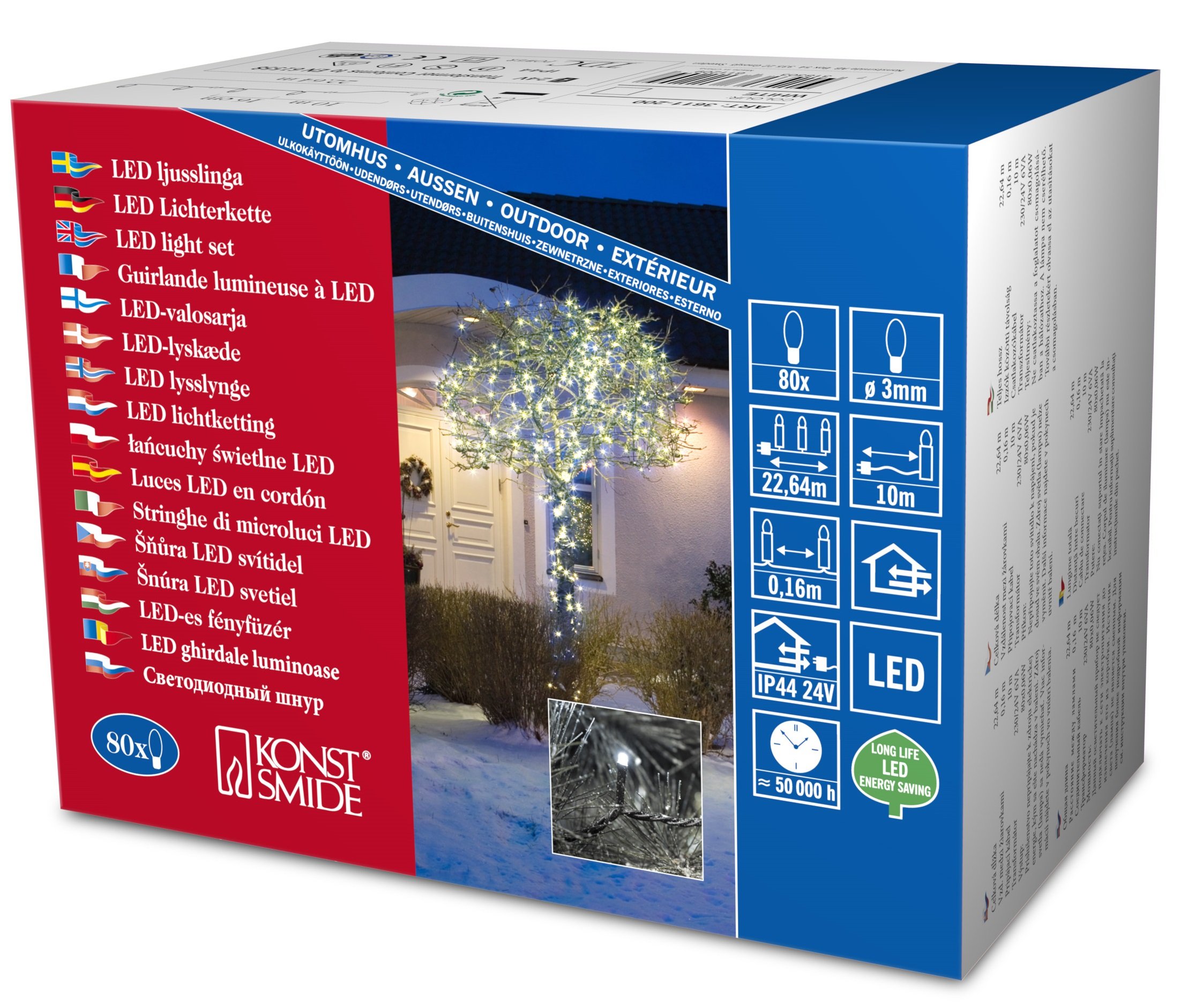 Konstsmide Christmas Lights/LED Fairy Lights/Christmas Tree Lights Outdoor or Indoor (IP44)/24V Transformer Plug In/80 Ice White Diodes/Black Cable String Lights, 3611-200