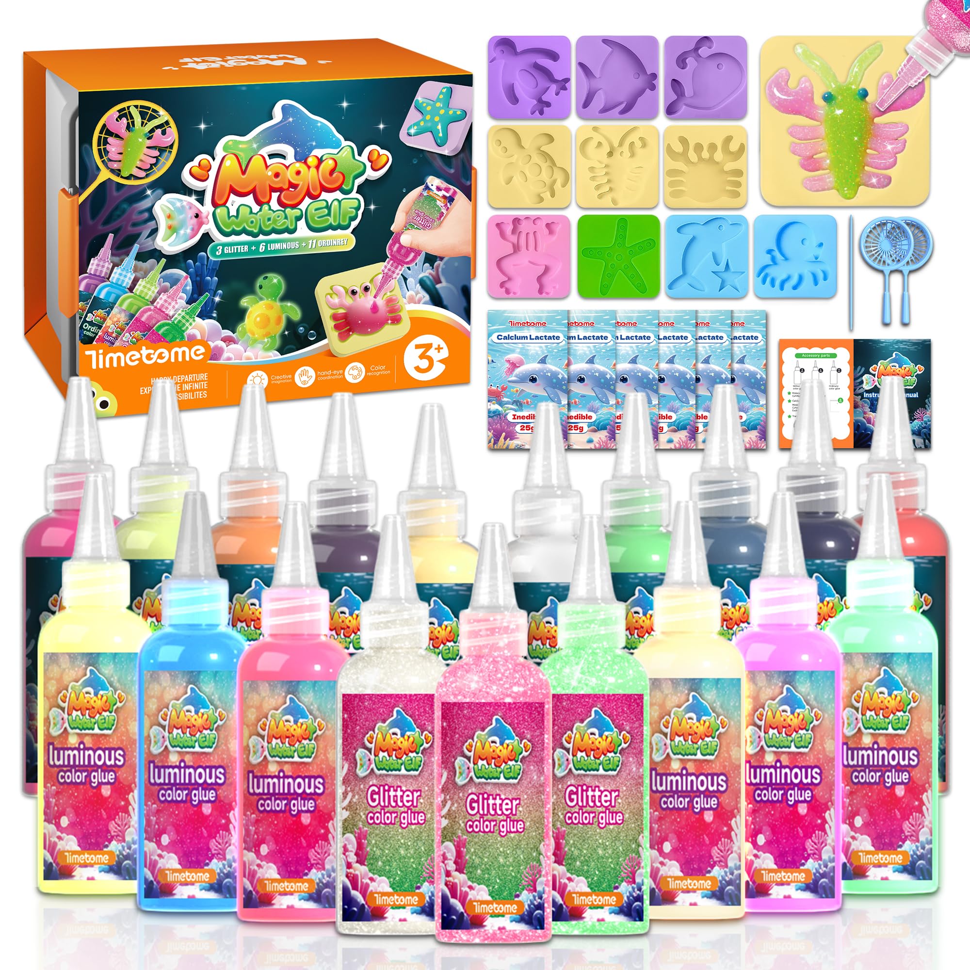 Timetome Magic Water Elf Toy Kit for Kids – 20 Gels (11 Standard + 6 Glitter + 3 Glow) & 10 Molds, DIY Squishy Maker, Aqua Fairy Gel Toys, Night Glow & Glitter, Valentine Gifts for Boys & Girls 3+