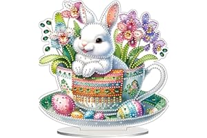 JJFox DIY Tabletop Diamond Art Painting Kit，Desktop Ornament Special Shaped Rhinestone Desk Placement Ornament，Home Stand Up Gem Painting Craft Kit，Gift，Double Sided (Easter Bunny)