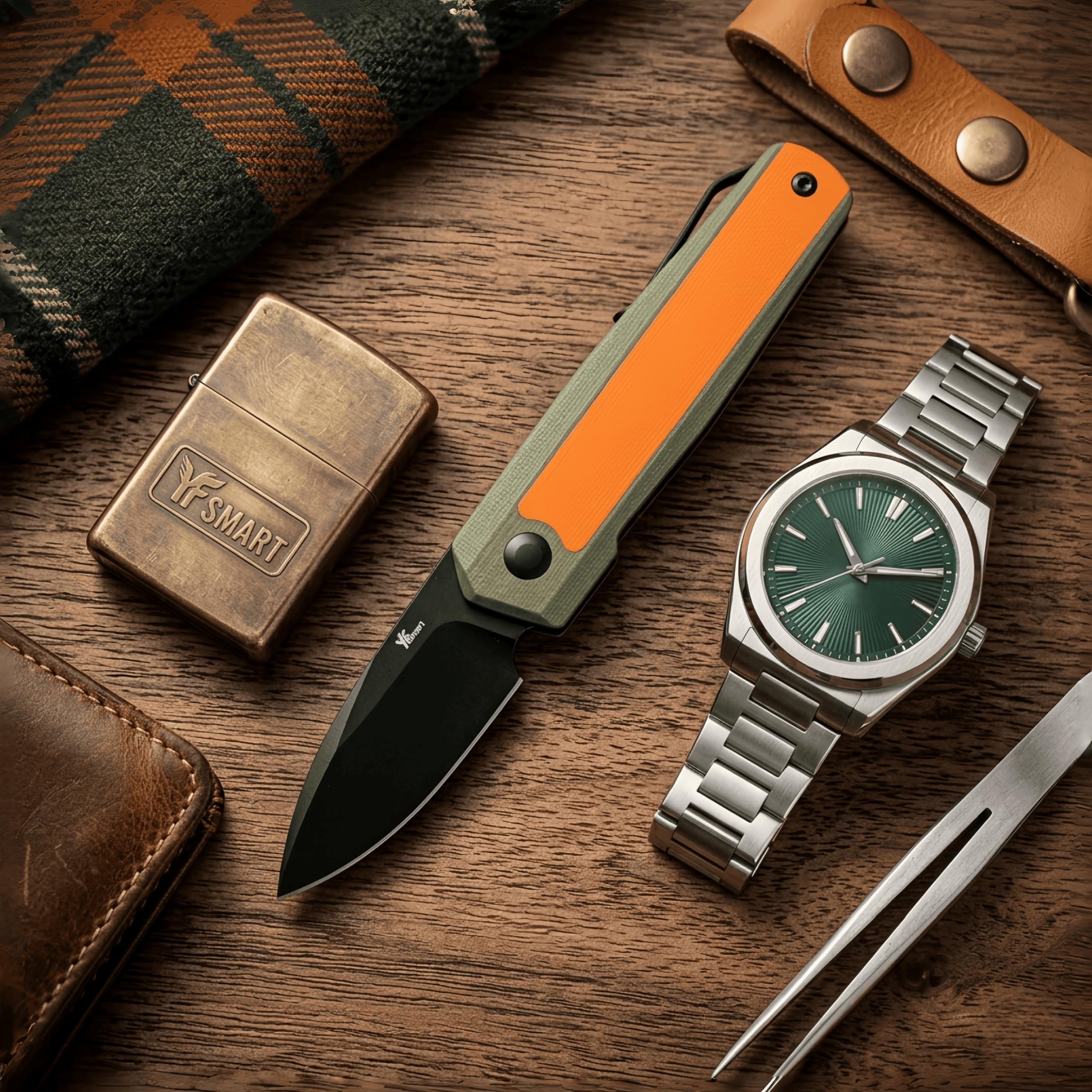 YF SMART EDC Taschenmesser D2 Stahl-Limitierte Edition,5.6 cm Slipjoint Klappmesser mit SKIFF Kugellager, G10 & Carbon Fiber Griff, §42a Konformes Klappmesser für Outdoor,Camping & Alltag (Orange) 3